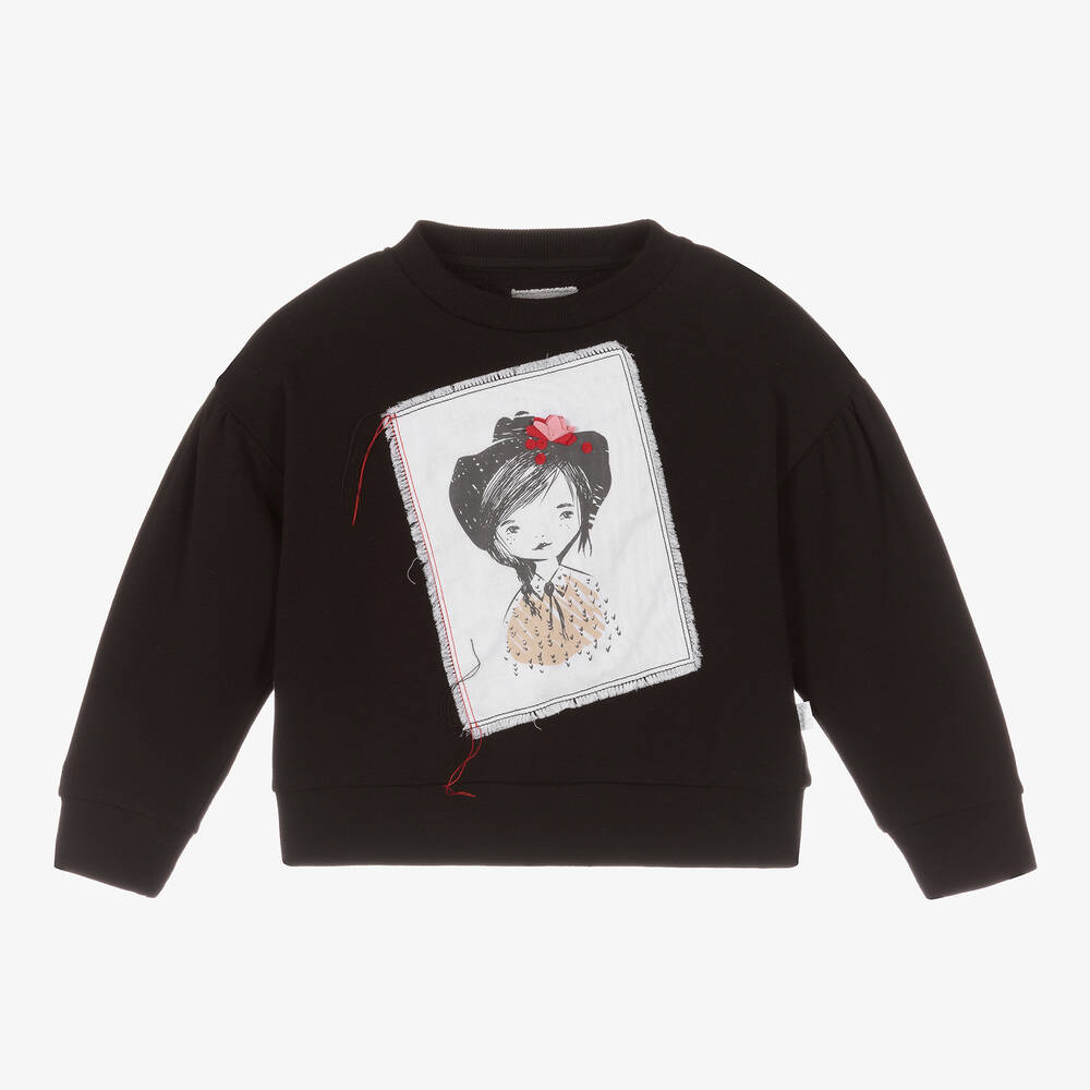 Il Gufo - Black Cotton Girl Print Sweatshirt | Childrensalon