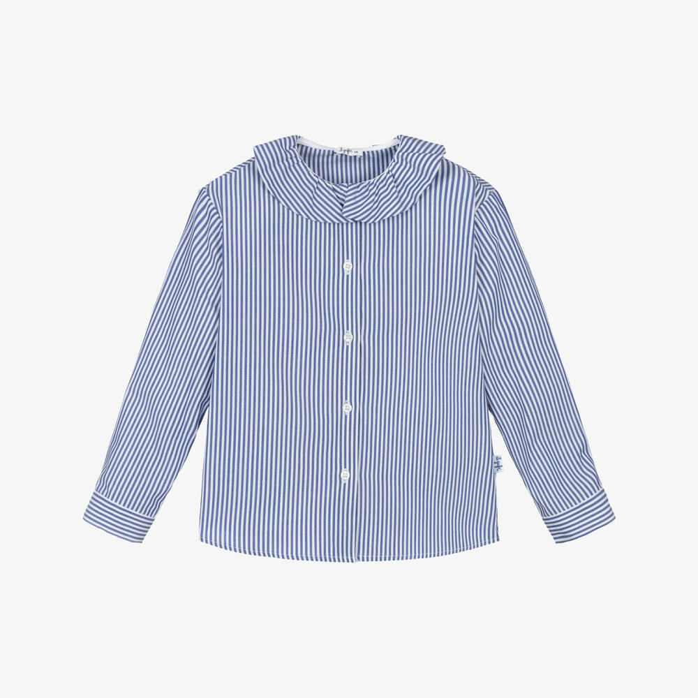 Il Gufo-Blue And White Stripe Collar Button Down Blouse | Childrensalon Outlet