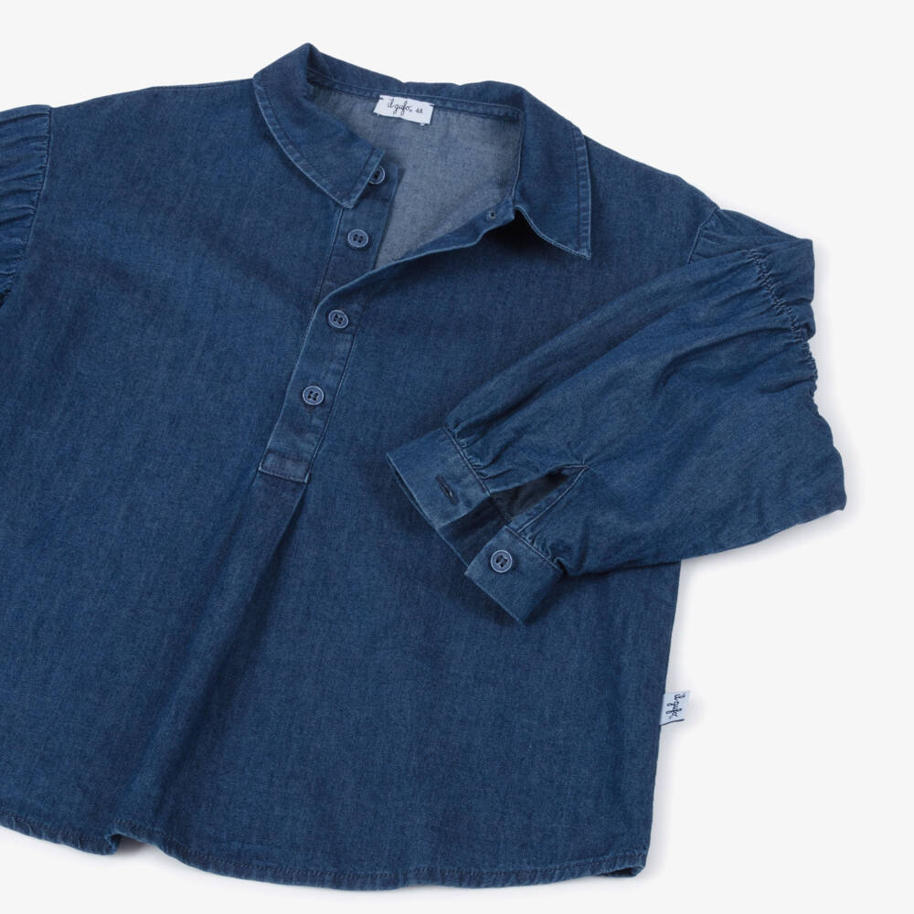 Il Gufo-Blue Chambray Collar Ruched Blouse | Childrensalon Outlet