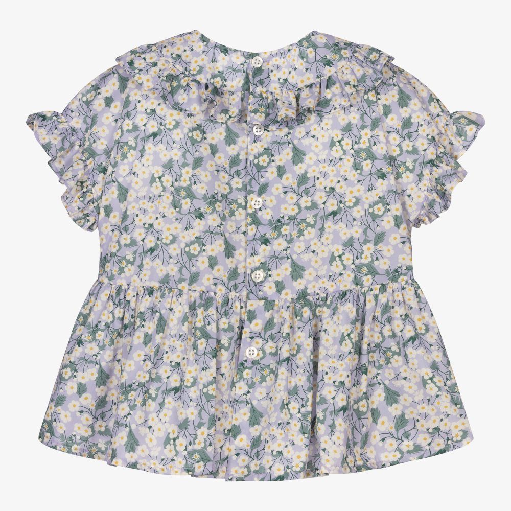 Il Gufo-بلوز قطن لون أزرق بطبعة ورود للبنات | Childrensalon Outlet