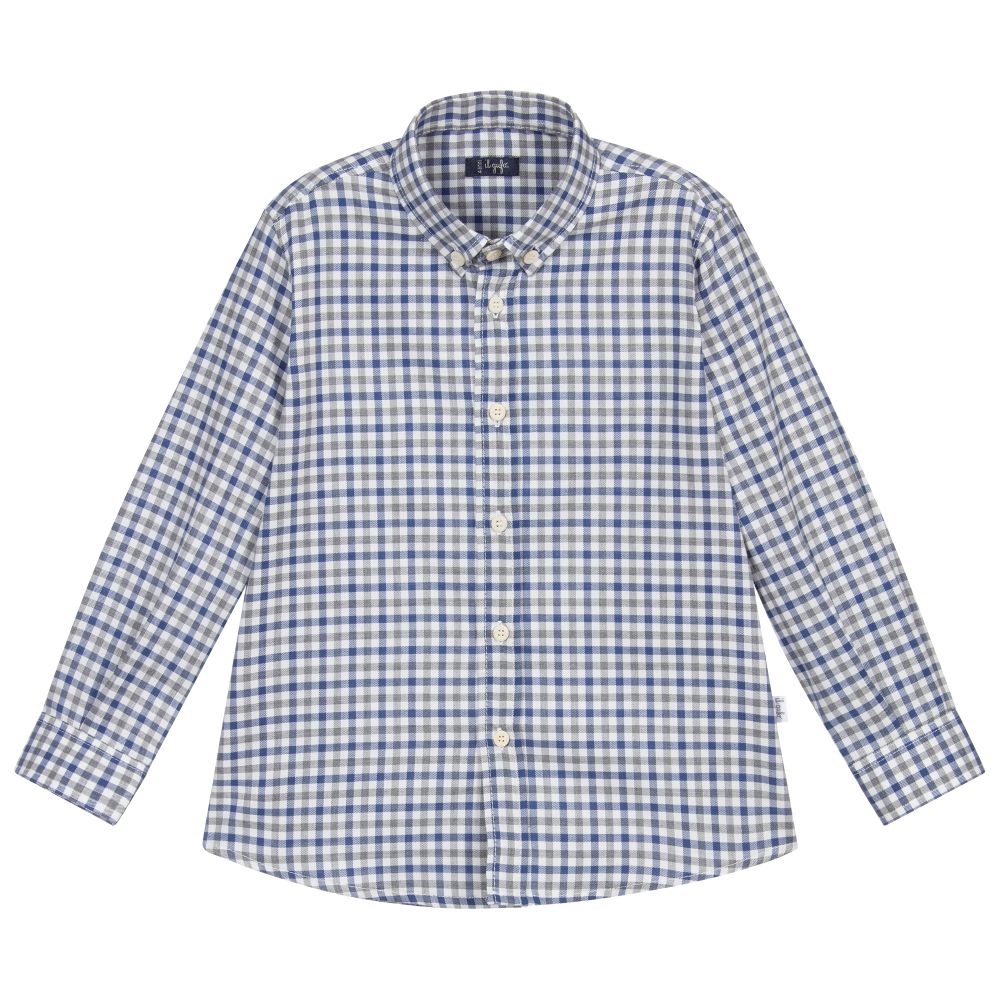 Il Gufo - قميص قطن بوبلين لون أزرق، رمادي وأبيض للأولاد | Childrensalon