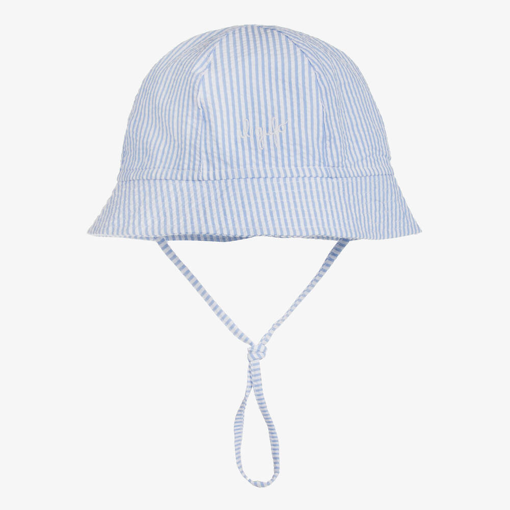 Il Gufo - قبعة للشمس قطن سيرسوكر مقلمة لون أزرق وأبيض للأطفال | Childrensalon
