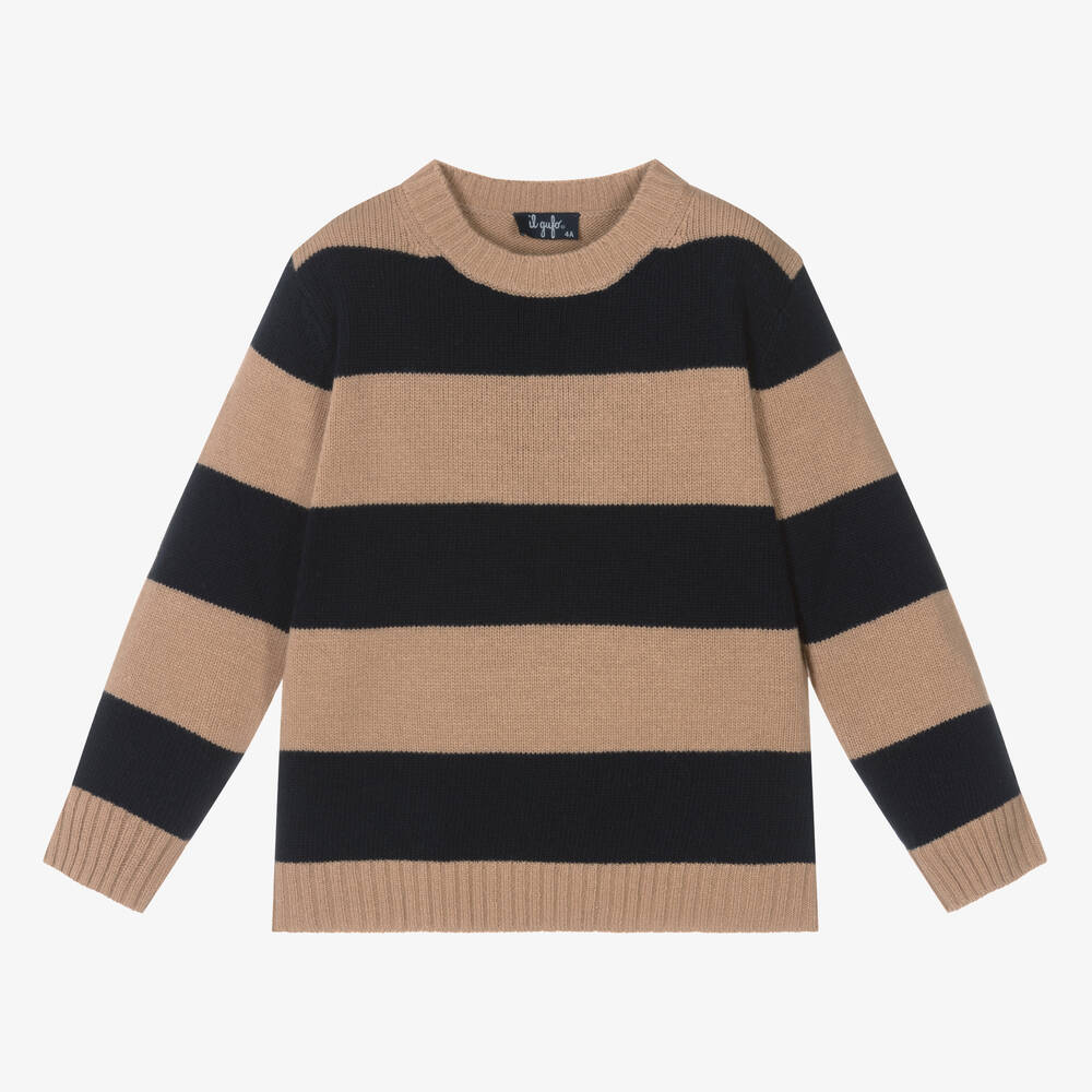Il Gufo - Boys Beige & Blue Stripe Wool Sweater | Childrensalon
