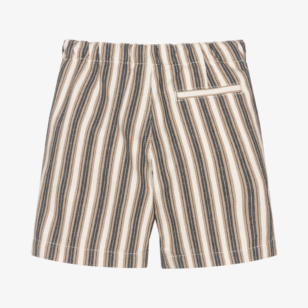 Il Gufo-شورت قطن تويل مقلم لون بيج وأزرق للأولاد | Childrensalon Outlet