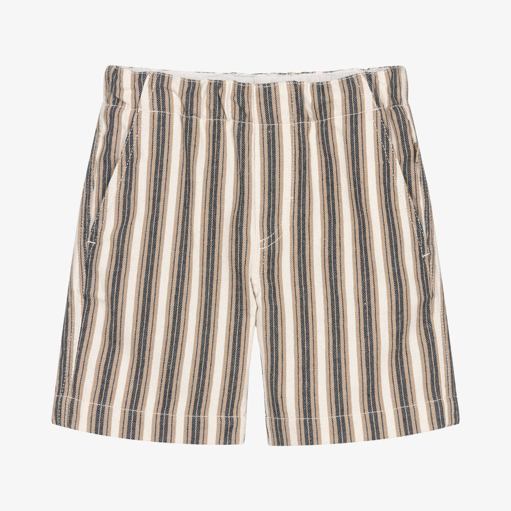 Il Gufo - Boys Beige & Blue Striped Shorts | Childrensalon