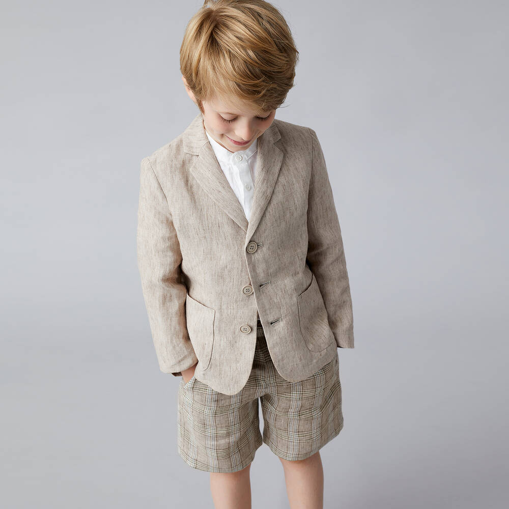 Il Gufo-Boys Beige Checked Linen Shorts | Childrensalon Outlet