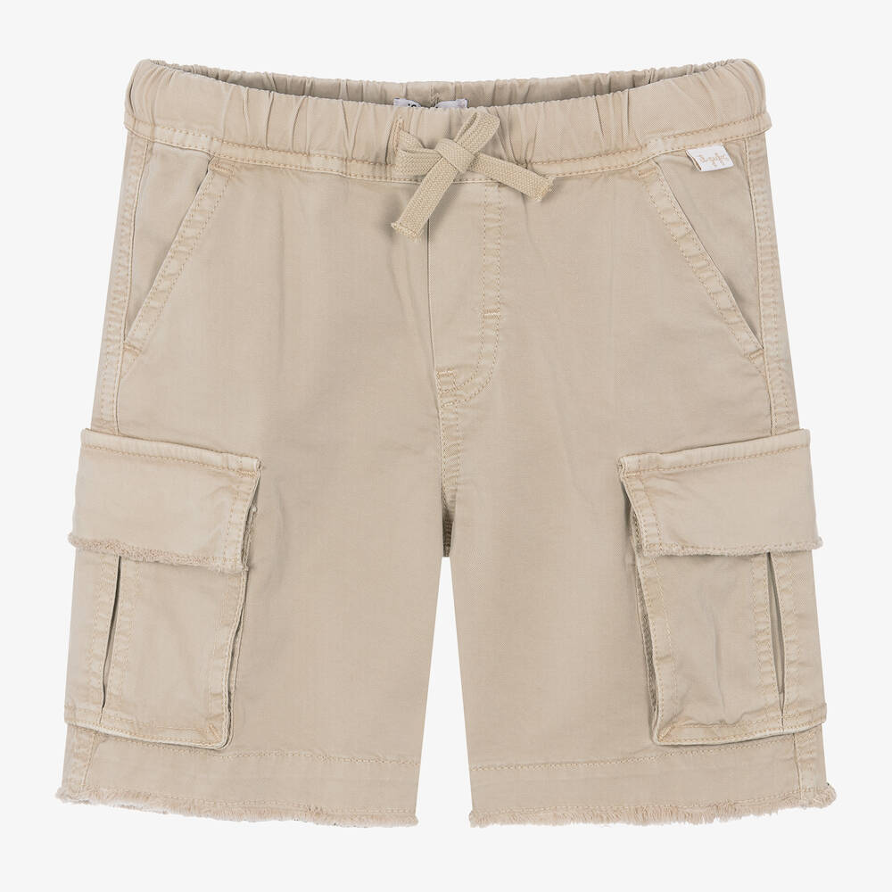 Boys Beige Cotton Twill Cargo Shorts