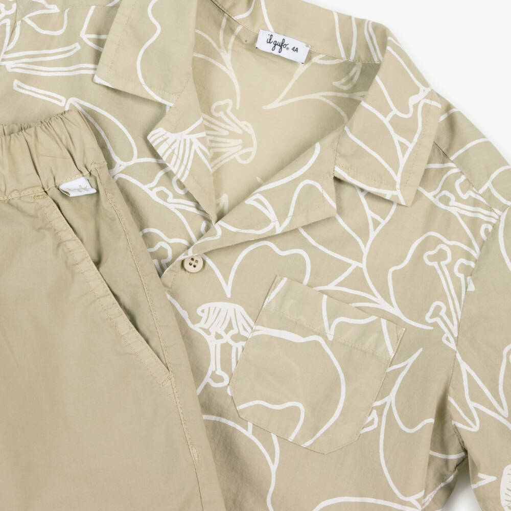 Il Gufo-Boys Beige Floral Cotton Ensemble | Childrensalon Outlet