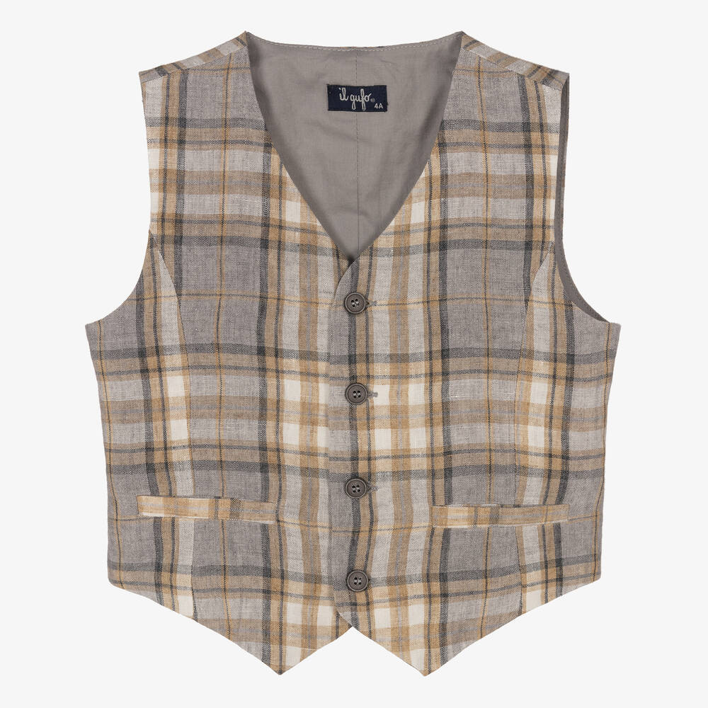 Il Gufo - Boys Beige & Grey Check Linen Waistcoat | Childrensalon