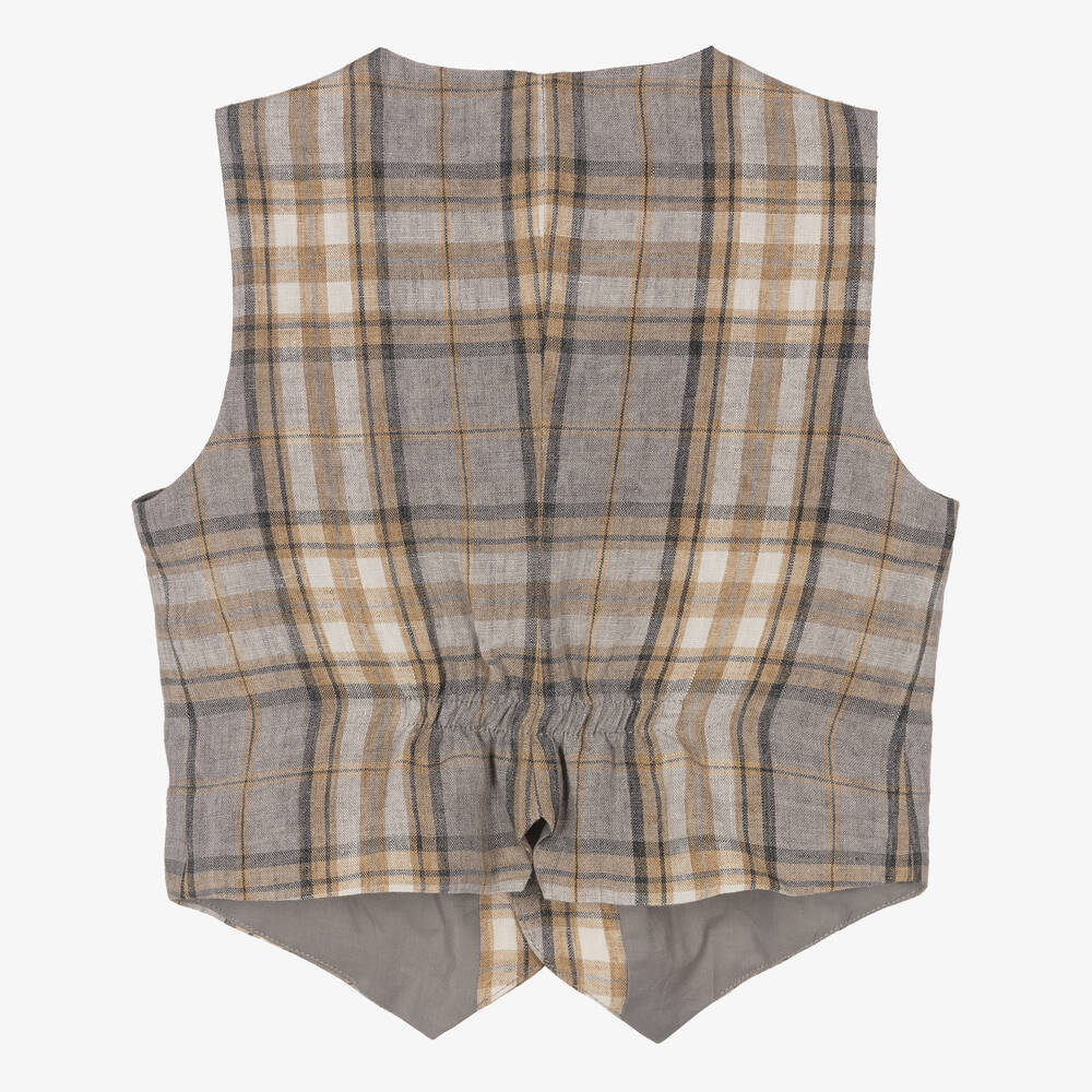 Il Gufo-Boys Beige & Grey Check Linen Waistcoat | Childrensalon Outlet