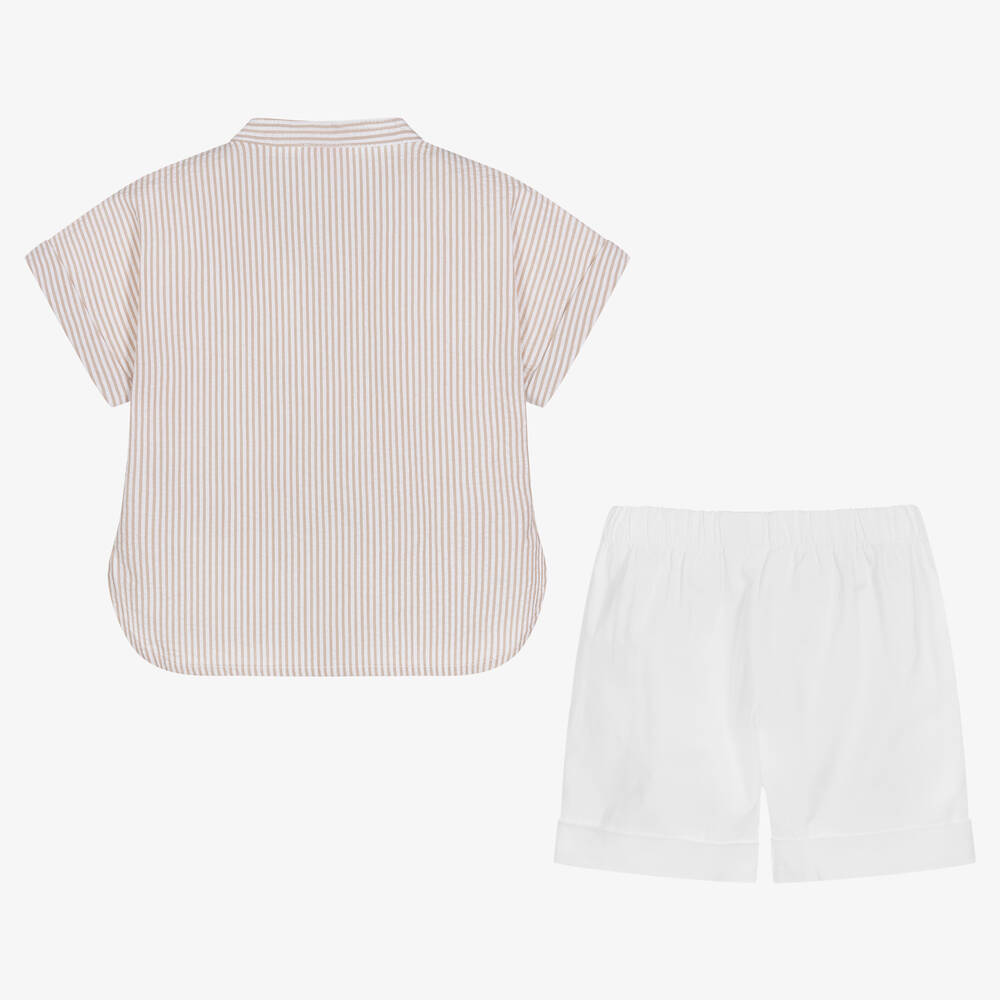 Il Gufo-طقم شورت أطفال ولادي قطن مقلم لون بيج وعاجي | Childrensalon Outlet