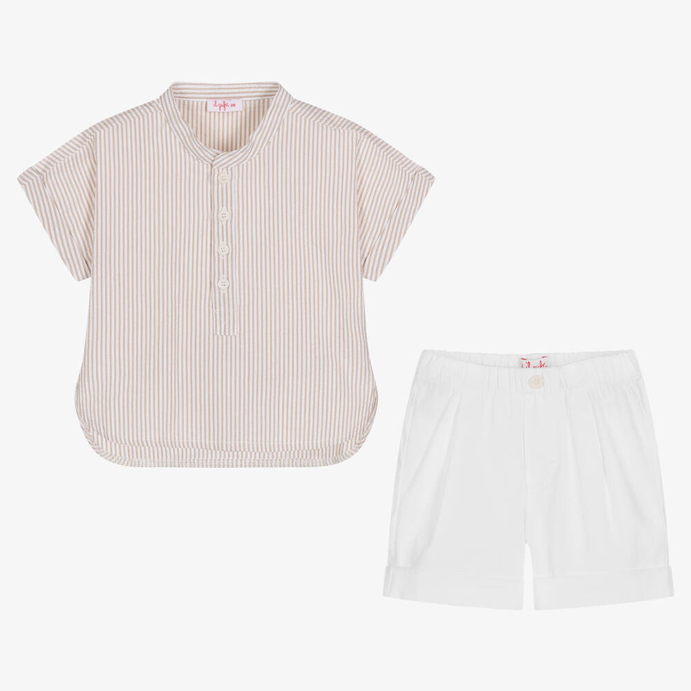 Il Gufo-طقم شورت أطفال ولادي قطن مقلم لون بيج وعاجي | Childrensalon Outlet
