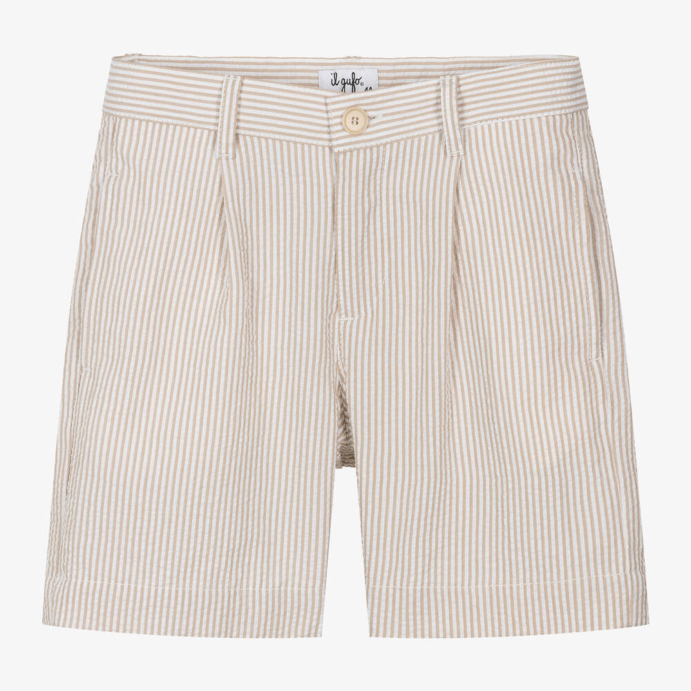 Il Gufo-Boys Beige Striped Seersucker Shorts | Childrensalon Outlet
