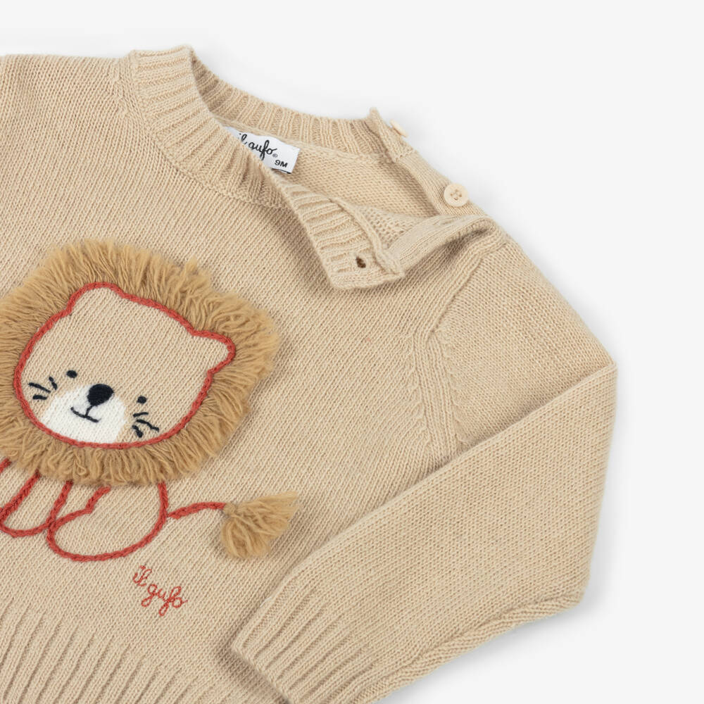 Il Gufo-بلوفر مطرز برسمة أسد صوف لون بيج للأطفال | Childrensalon Outlet