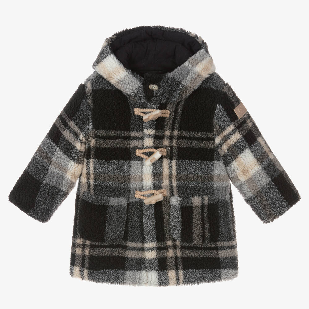 Il Gufo - Boys Black & Grey Checked Teddy Coat | Childrensalon