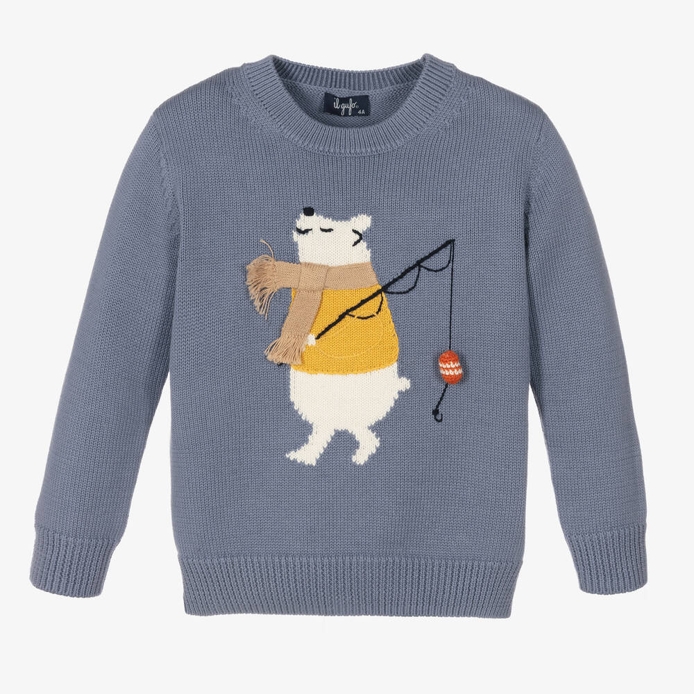 Il Gufo - Boys Blue Bear Cotton Sweater | Childrensalon