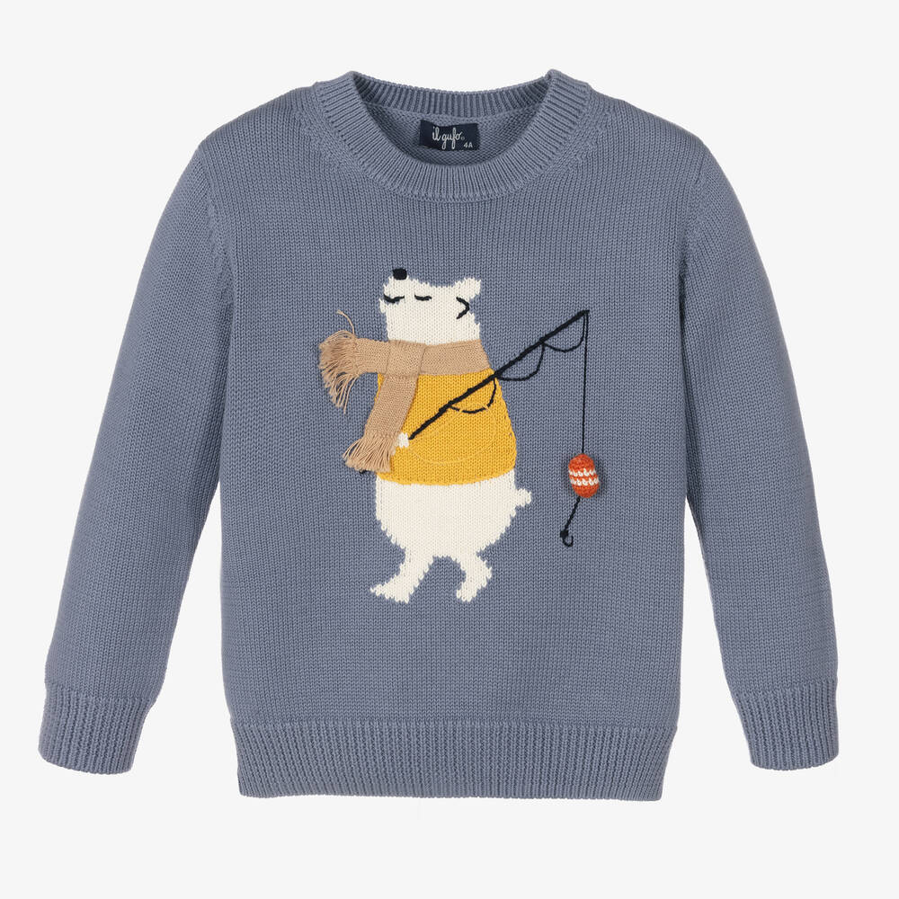 Il Gufo-Boys Blue Bear Cotton Sweater | Childrensalon Outlet