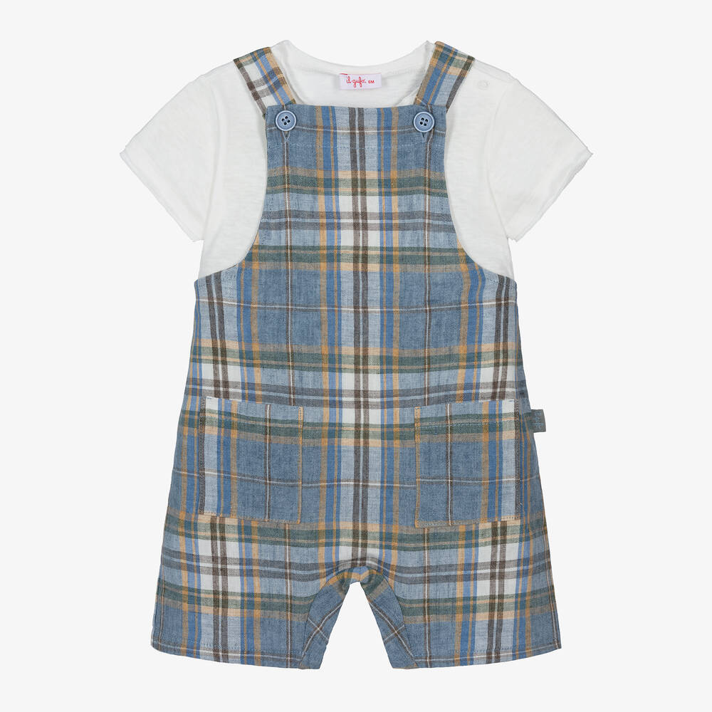 Il Gufo-Boys Blue Check Linen Dungaree Set | Childrensalon Outlet