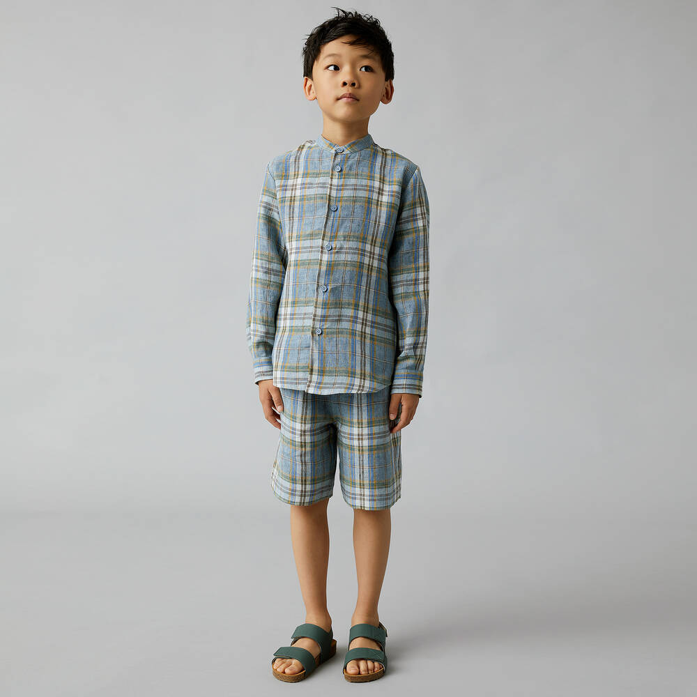 Il Gufo-شورت كتان كاروهات لون بيج وأزرق للأولاد | Childrensalon Outlet