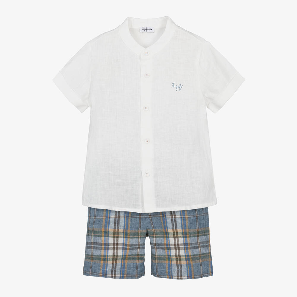Il Gufo-Boys Blue Check Linen Shorts Set | Childrensalon Outlet