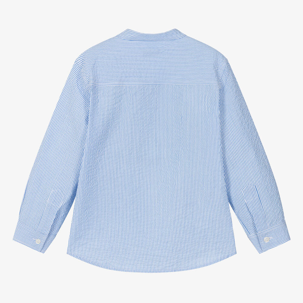 Il Gufo-Boys Blue Collarless Cotton Shirt | Childrensalon Outlet