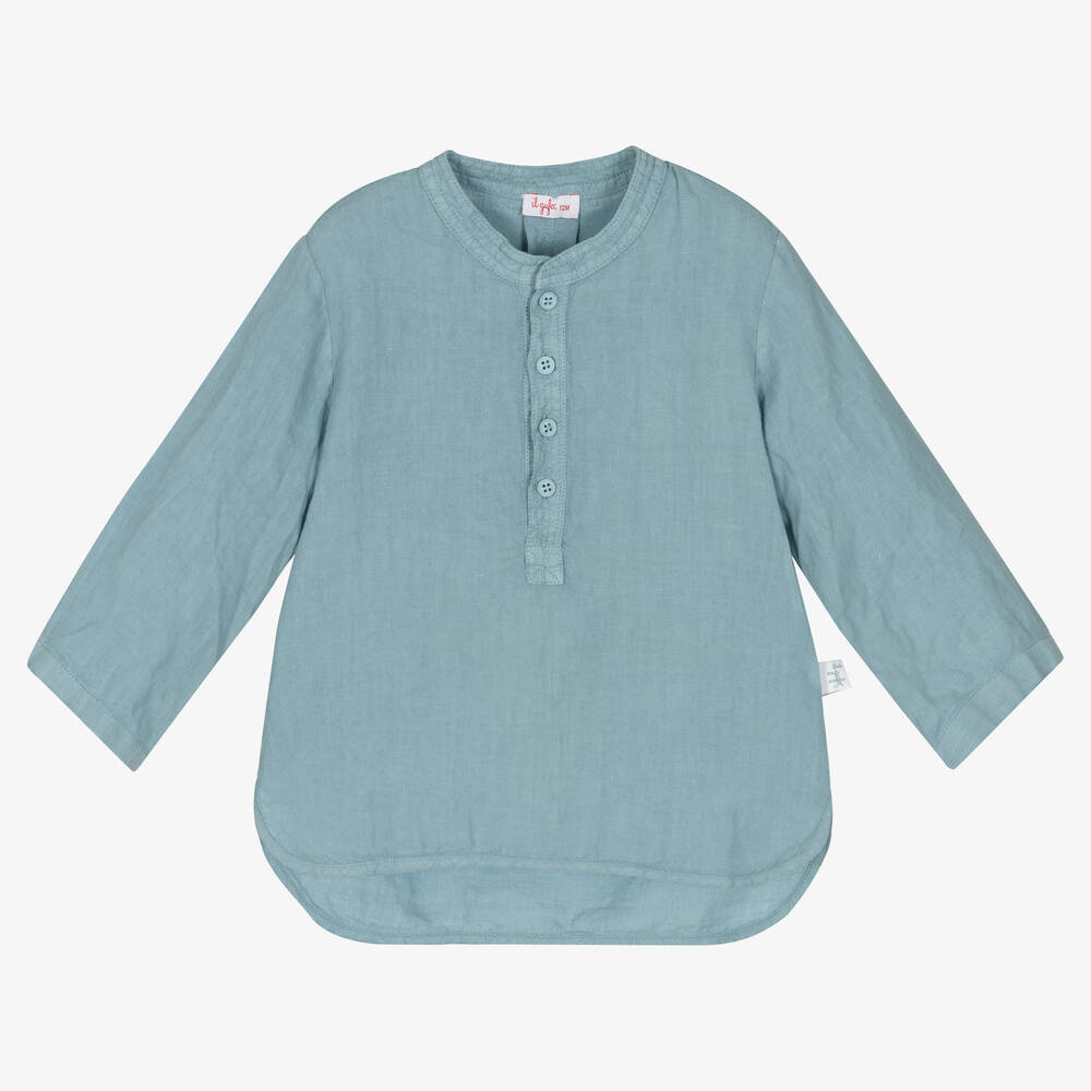 Il Gufo - Boys Blue Collarless Linen Shirt | Childrensalon