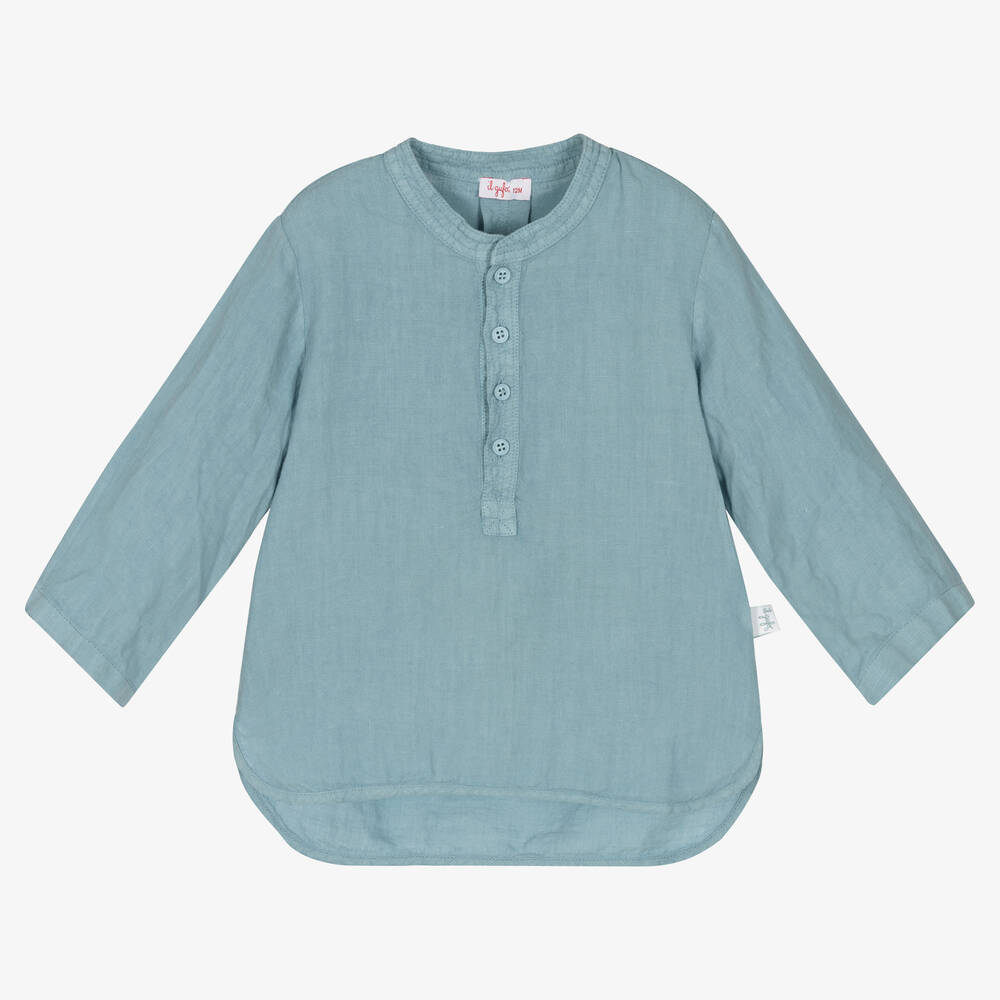Il Gufo-Boys Blue Collarless Linen Shirt | Childrensalon Outlet