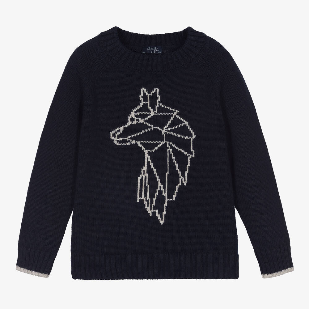 Il Gufo - Boys Blue Cotton Wolf Sweater | Childrensalon