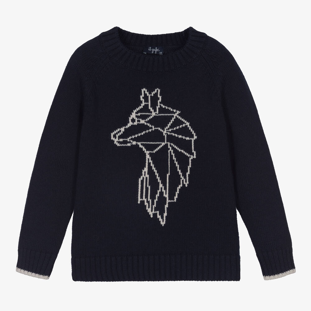 Il Gufo - Pull bleu en coton loup garçon | Childrensalon