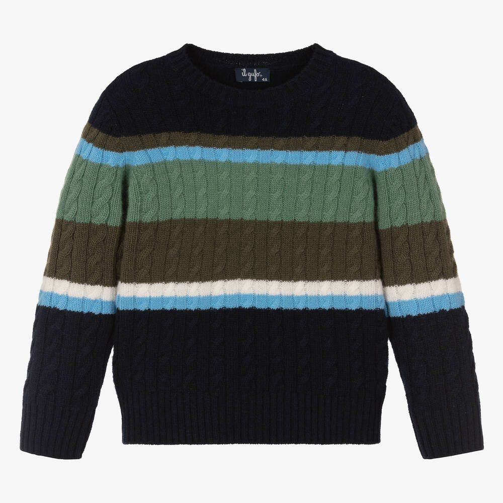 Il Gufo - Boys Blue & Green Stripe Wool Sweater | Childrensalon