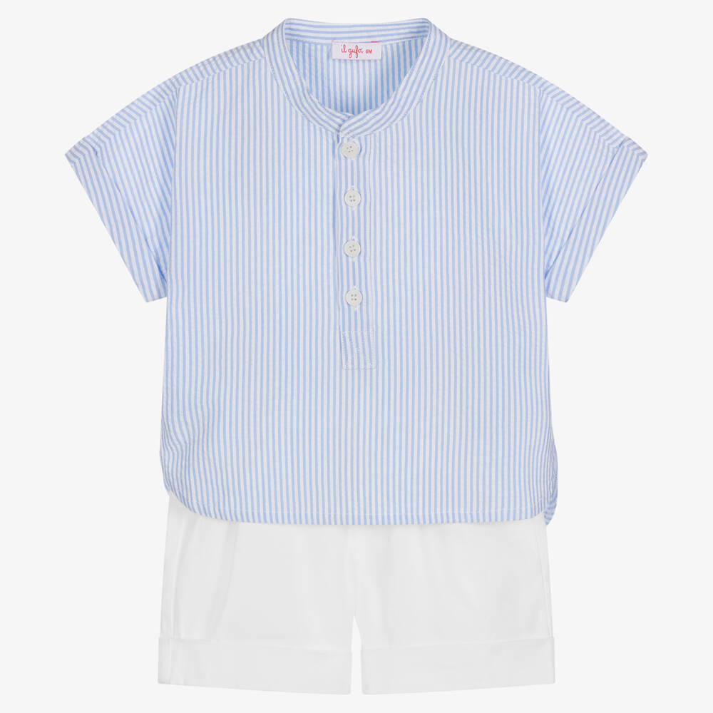 Il Gufo - Boys Blue & Ivory Striped Shorts Set | Childrensalon