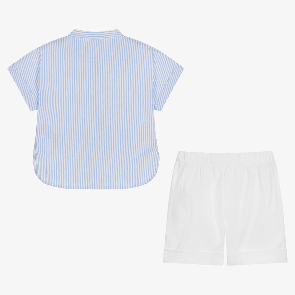 Il Gufo-طقم شورت قطن سيرسوكر مقلم لون أزرق وعاجي | Childrensalon Outlet