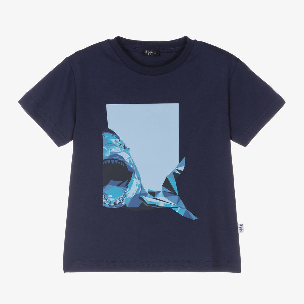 Il Gufo - Boys Blue Shark Print Cotton T-Shirt | Childrensalon