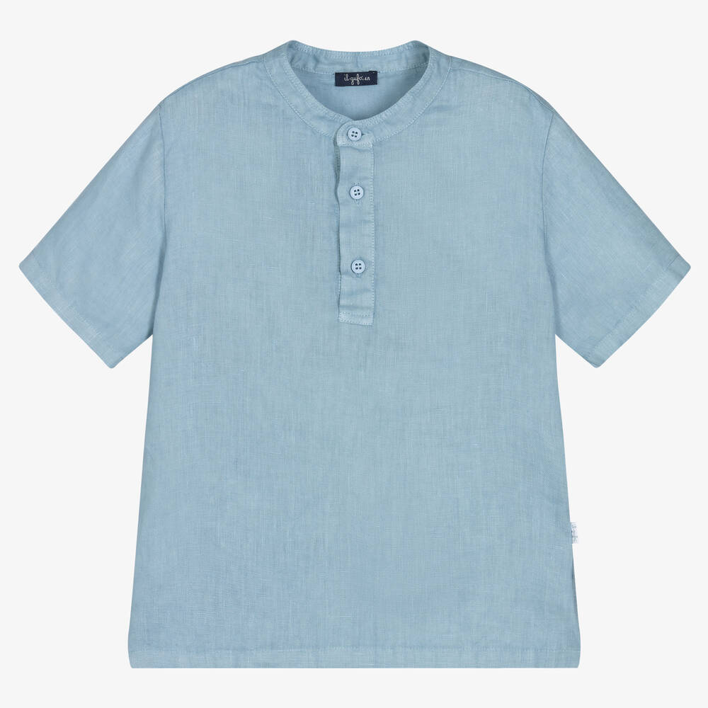 Il Gufo - Boys Blue Short Sleeved Linen Shirt | Childrensalon