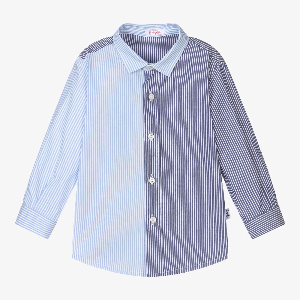 Il Gufo - قميص أطفال ولادي قطن مقلم لون أزرق | Childrensalon