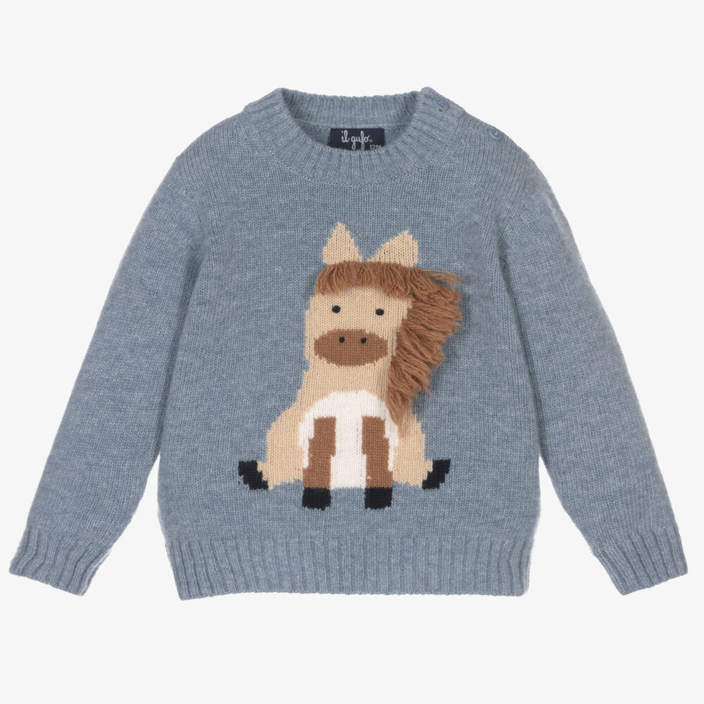 Il Gufo - Pull bleu en laine Pony garçon | Childrensalon