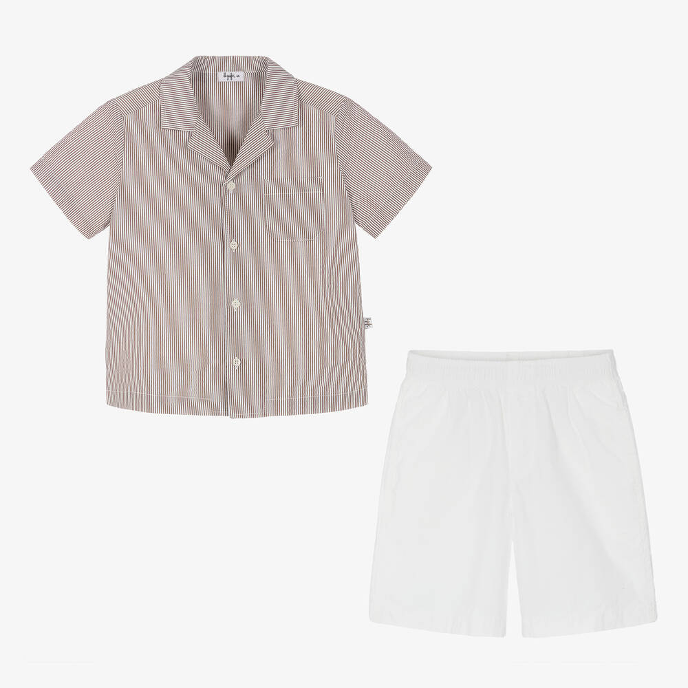 Il Gufo-Рубашка в коричневую полоску и шорты из хлопка для мальчиков | Childrensalon Outlet
