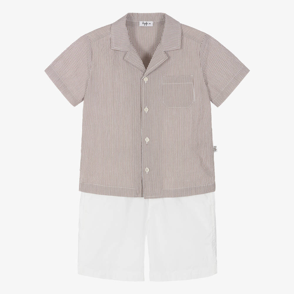 Il Gufo-Рубашка в коричневую полоску и шорты из хлопка для мальчиков | Childrensalon Outlet