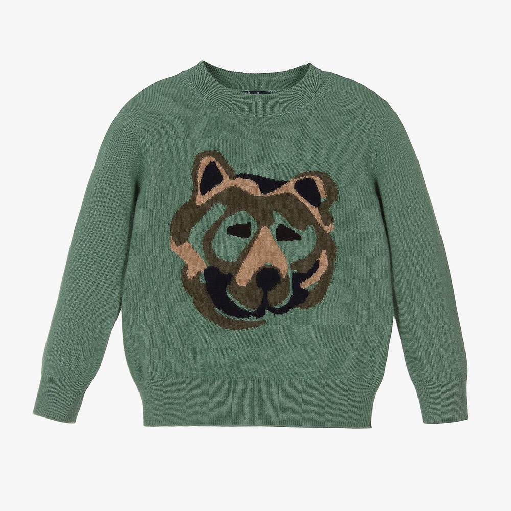 Il Gufo - Boys Green Wool Knit Wolf Sweater | Childrensalon