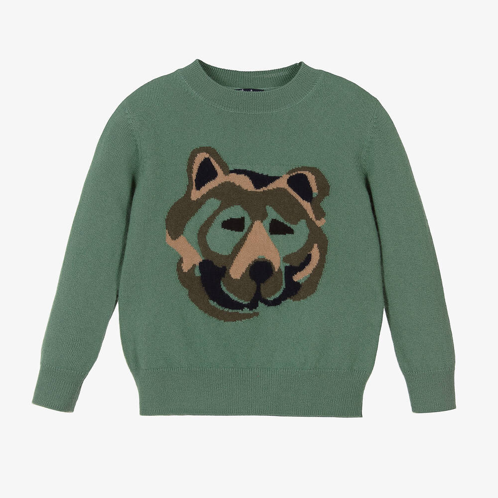 Il Gufo - Grüner Wollstrickpullover mit Wolf | Childrensalon