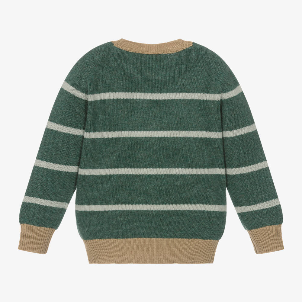 Il Gufo-بلوفر صوف بكر محبوك مقلم لون أخضر داكن للأولاد | Childrensalon Outlet