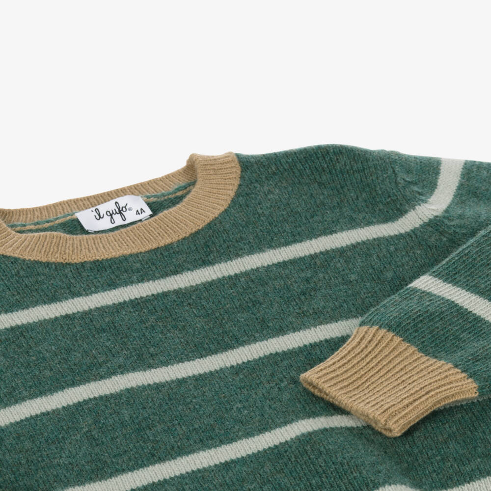 Il Gufo-بلوفر صوف بكر محبوك مقلم لون أخضر داكن للأولاد | Childrensalon Outlet