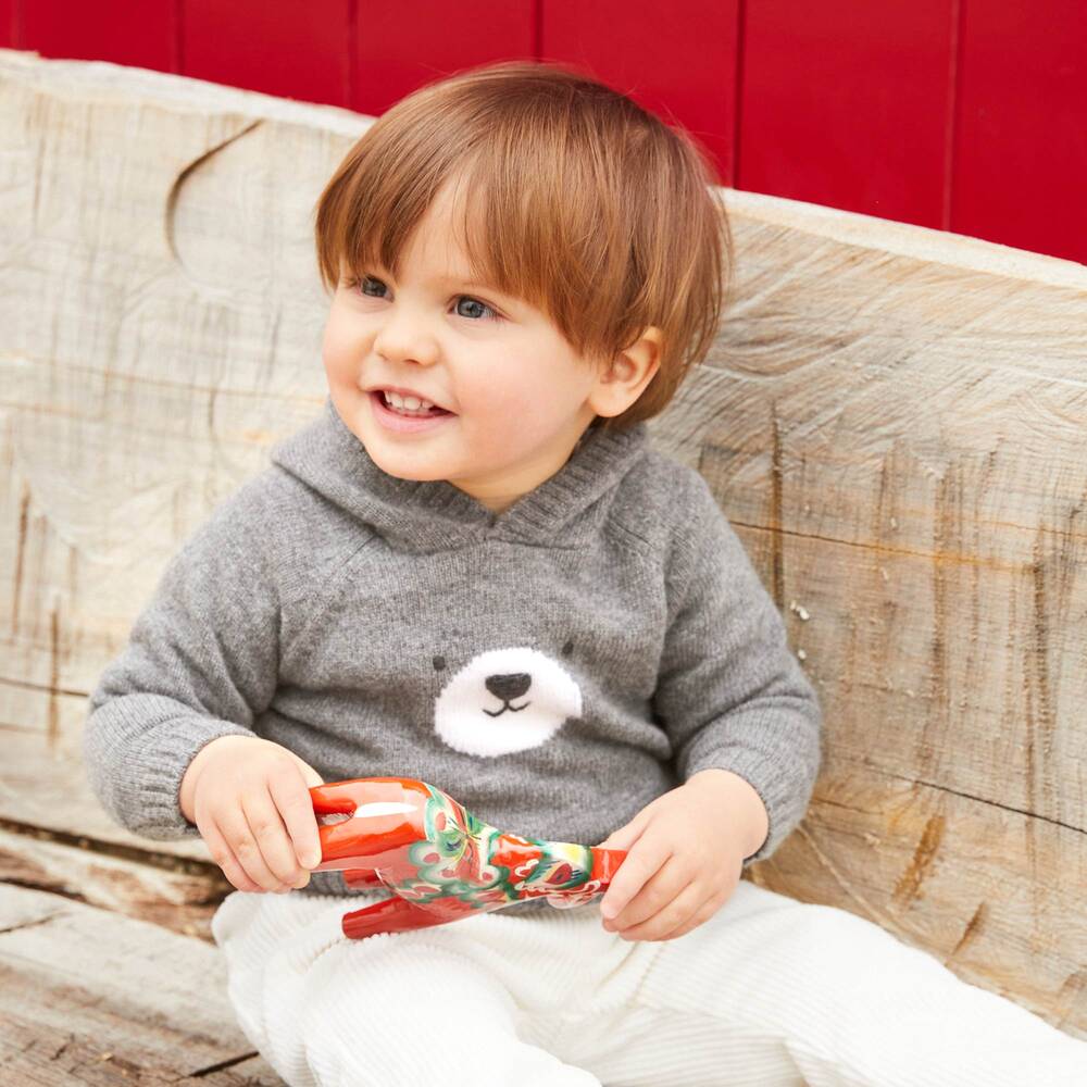 Il Gufo-توب هودي أطفال ولادي صوف محبوك لون رمادي | Childrensalon Outlet