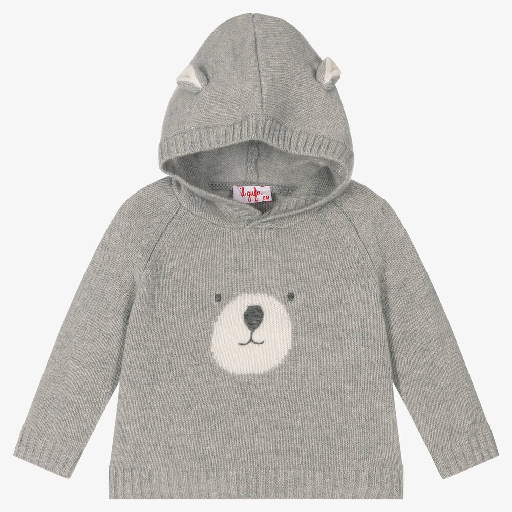 Il Gufo - Boys Grey Knit Bear Hoodie | Childrensalon
