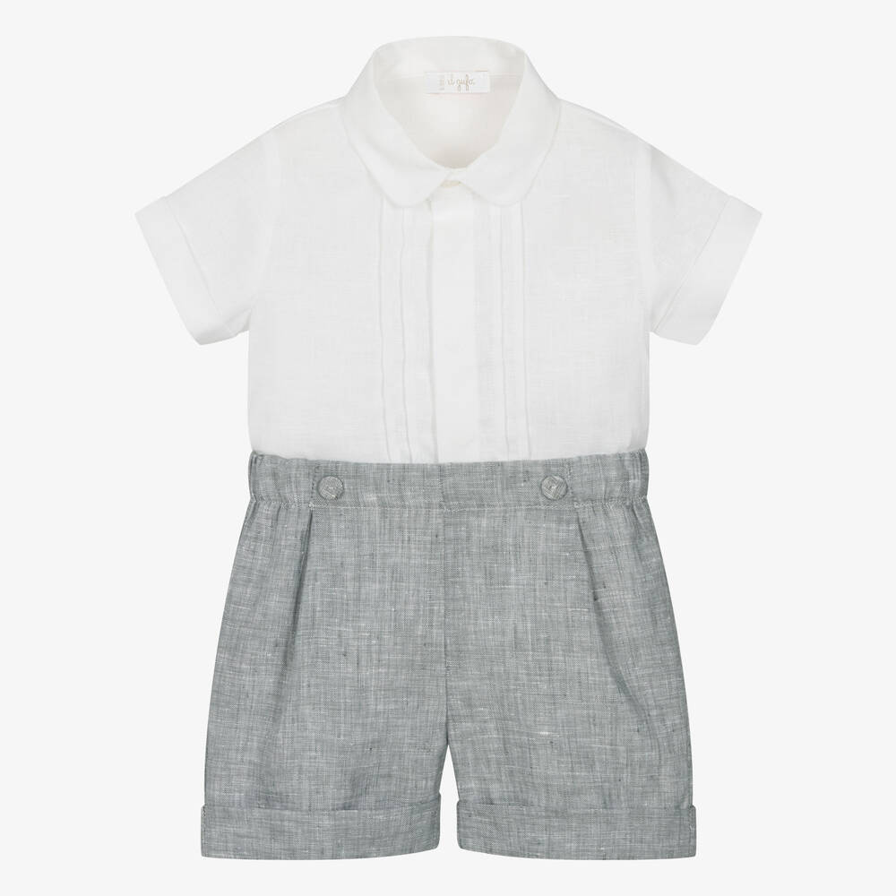 Il Gufo-Boys Grey & White Linen Shorts Set | Childrensalon Outlet