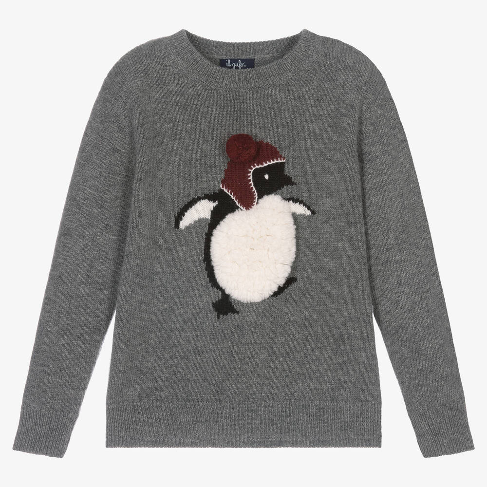 Il Gufo-Серый шерстяной свитер с пингвином | Childrensalon Outlet