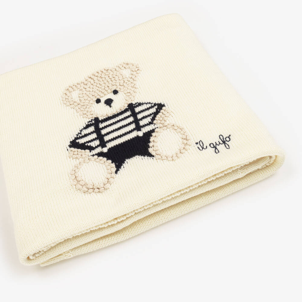 Il Gufo-Boys' Ivory & Blue Bear Knit Blanket | Childrensalon Outlet