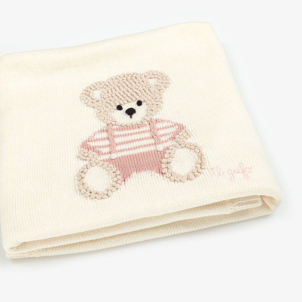 Il Gufo-Boys Ivory & Pink Knit Bear Blanket | Childrensalon Outlet