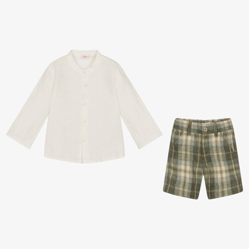 Il Gufo-طقم شورت وقميص كتان وقطن كاروهات ولون عاجي | Childrensalon Outlet