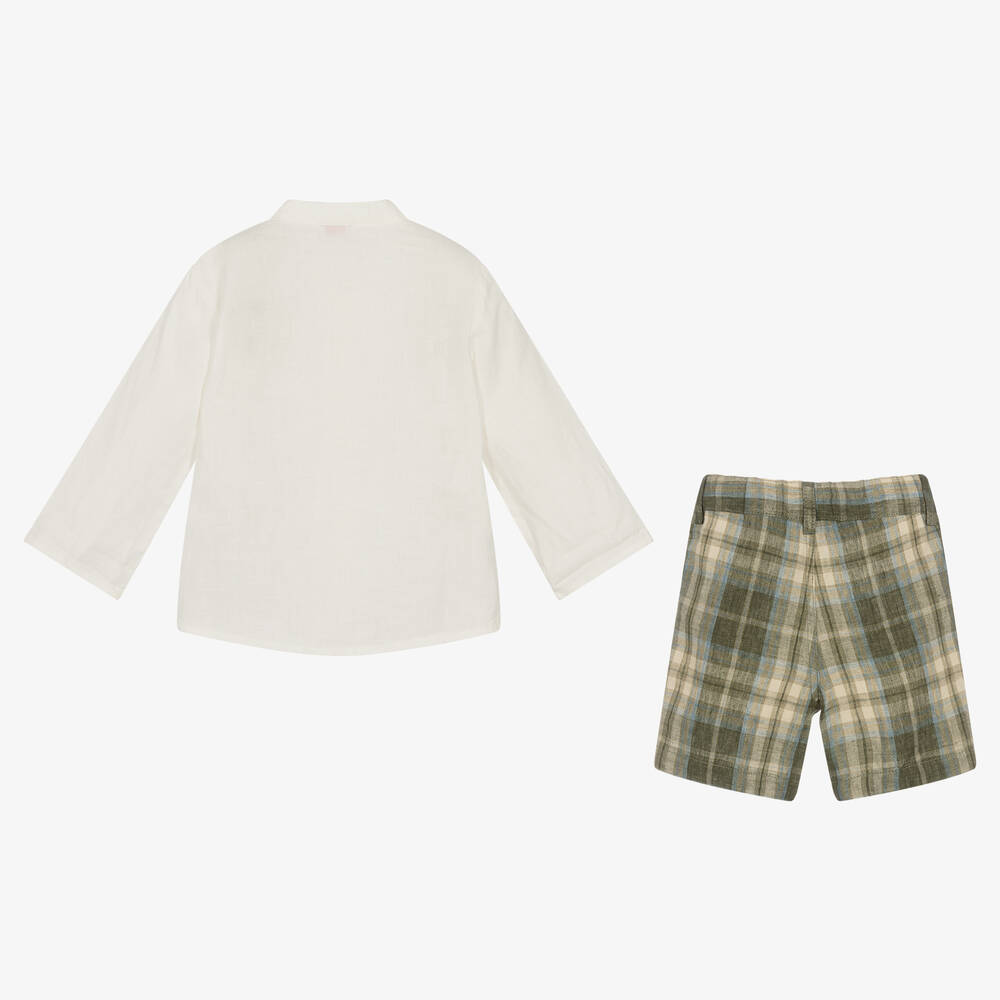 Il Gufo-طقم شورت وقميص كتان وقطن كاروهات ولون عاجي | Childrensalon Outlet